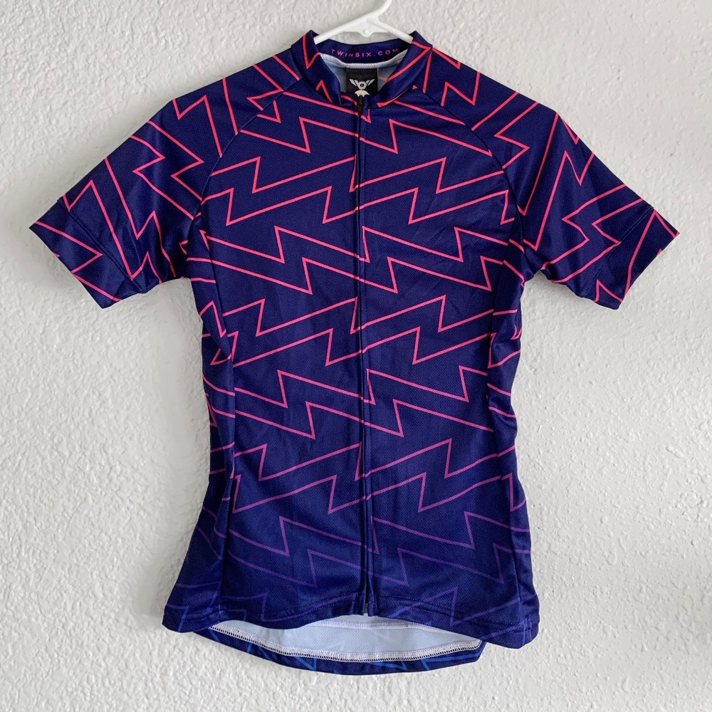 Twin Six women's cycling jersey NWT, indigo blue & pink zig-zag pattern, size S